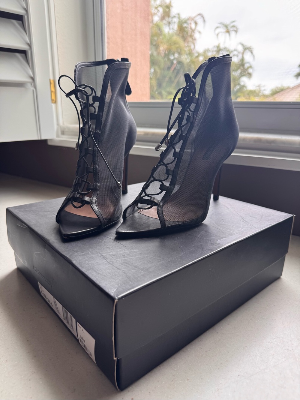 BCBGMaxAzria Black Lace-Up Mesh Peep-Toe Stiletto Heels